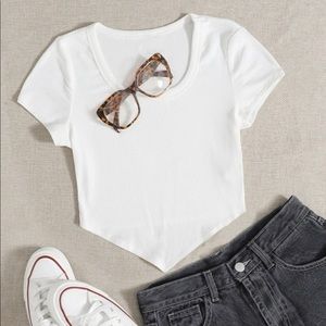 White Asymmetrical Hem Rib-Knit Top